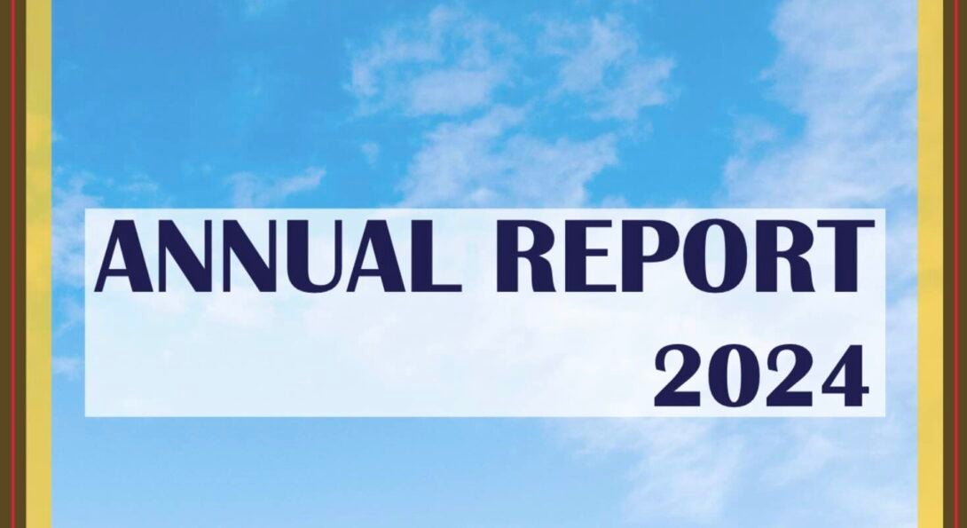 annual report cover with gold boarder and blue sky image behind text of annual report 2024.